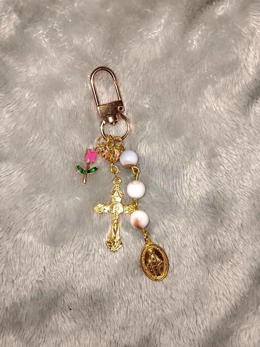 Gold Religious Charm Keychain with Pink Rose Accent